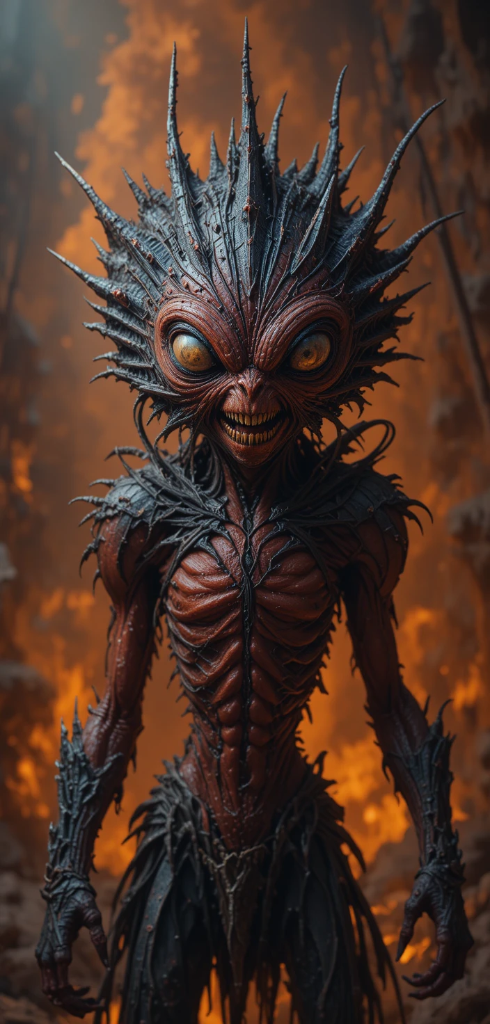Creepy spiked monster with dark feathers in fiery hellscape
