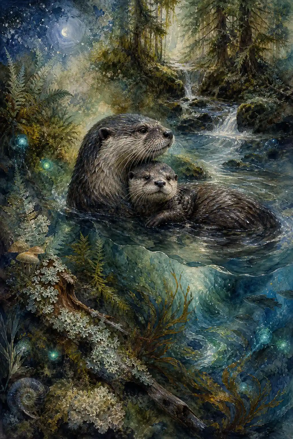 Otter mother and pup by a glowing forest stream