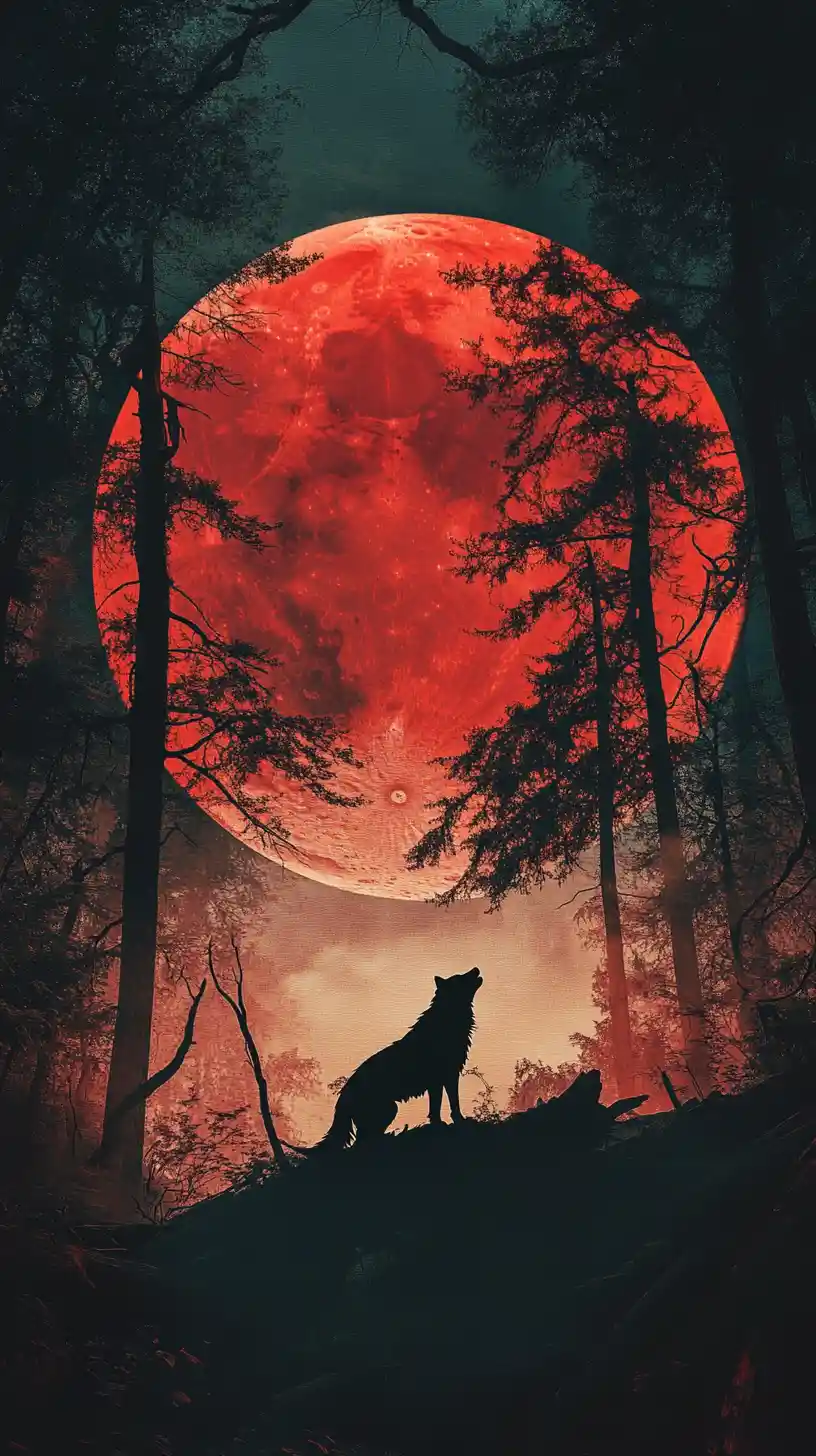 Surreal circular wolf silhouette encasing a lone forest hunter