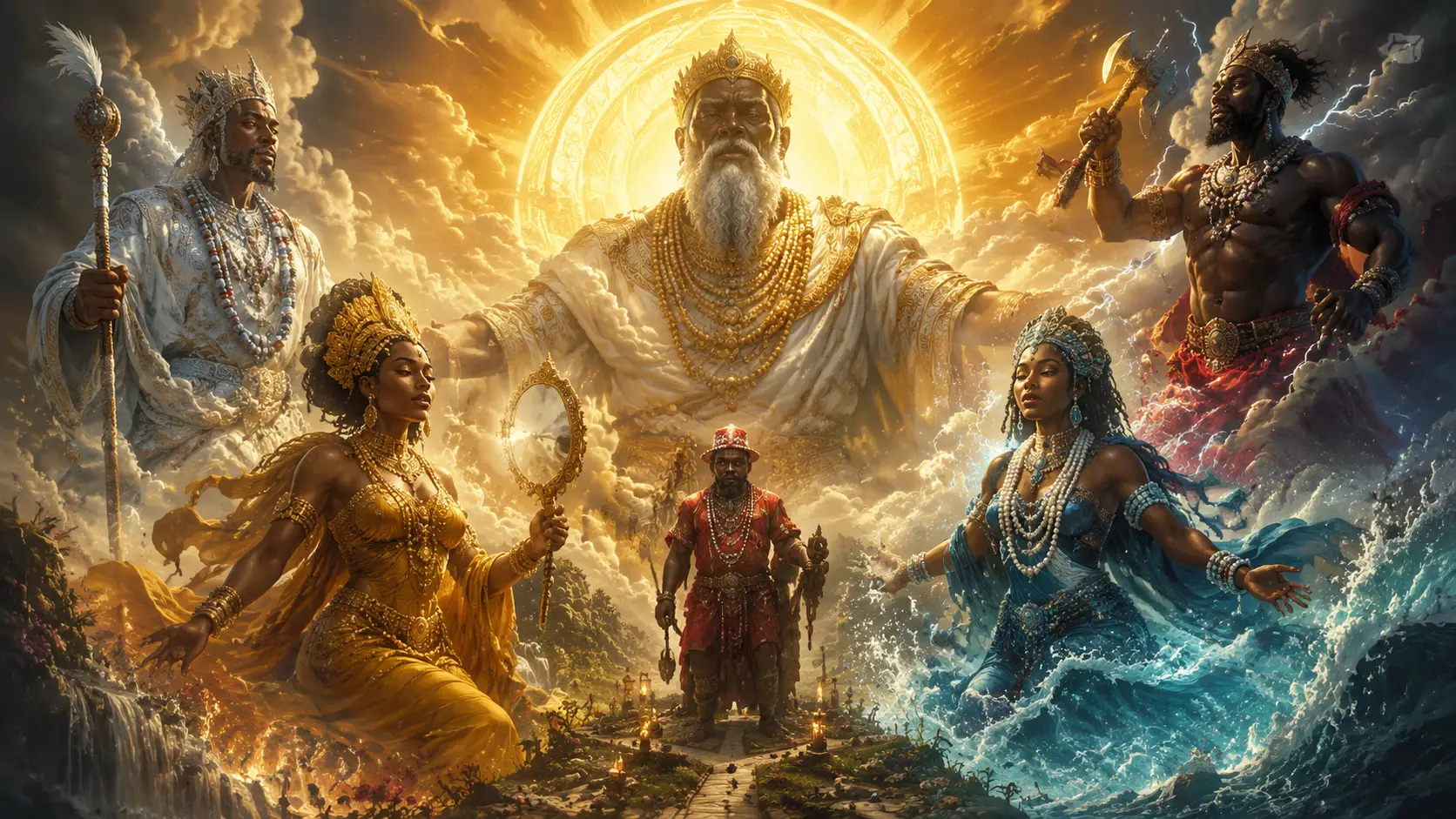 Olorun And Orishas Beneath A Radiant Cosmic Sun