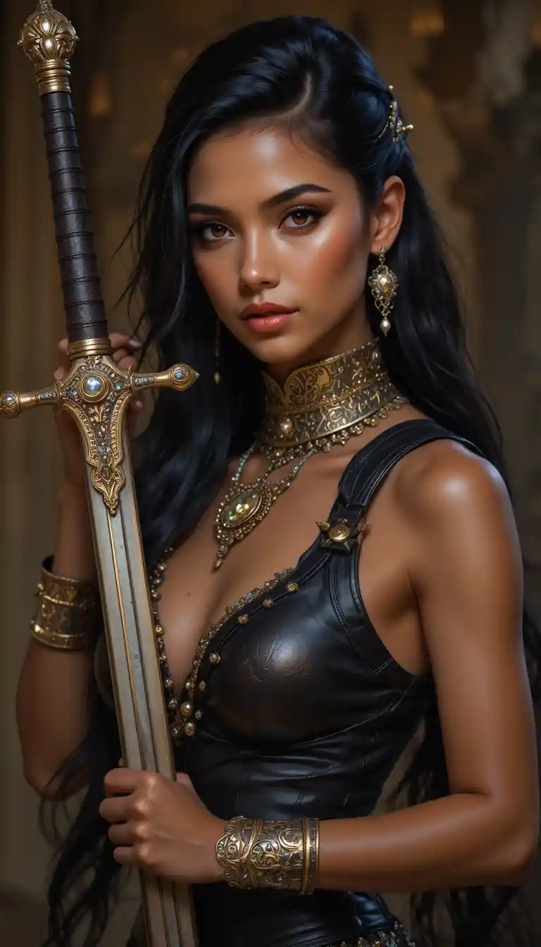 Alluring fantasy dancer with jeweled curved sword