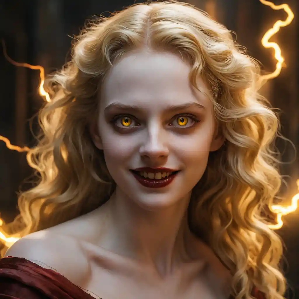 Sinister girl portrait with glowing eyes and lightning background