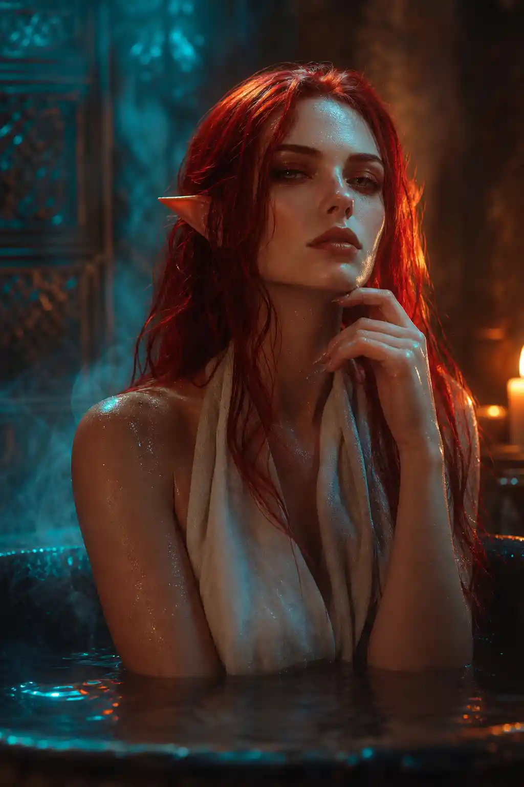 Red haired elf woman posing in a bathtub interior