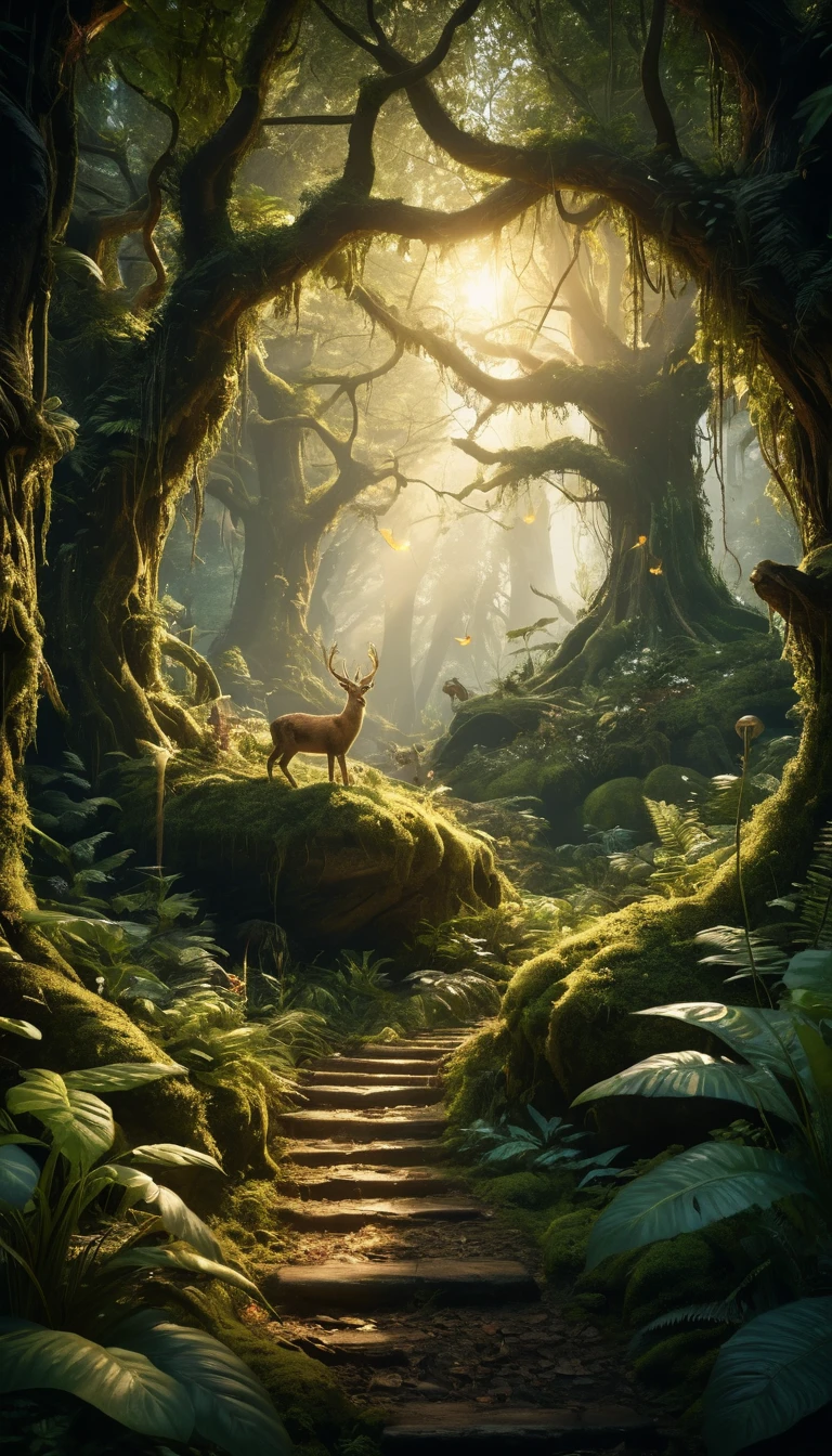 Magical forest reborn with glowing plants and wildlife