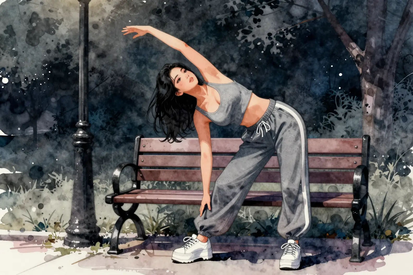 Girl stretching by a park bench in dark watercolor tones