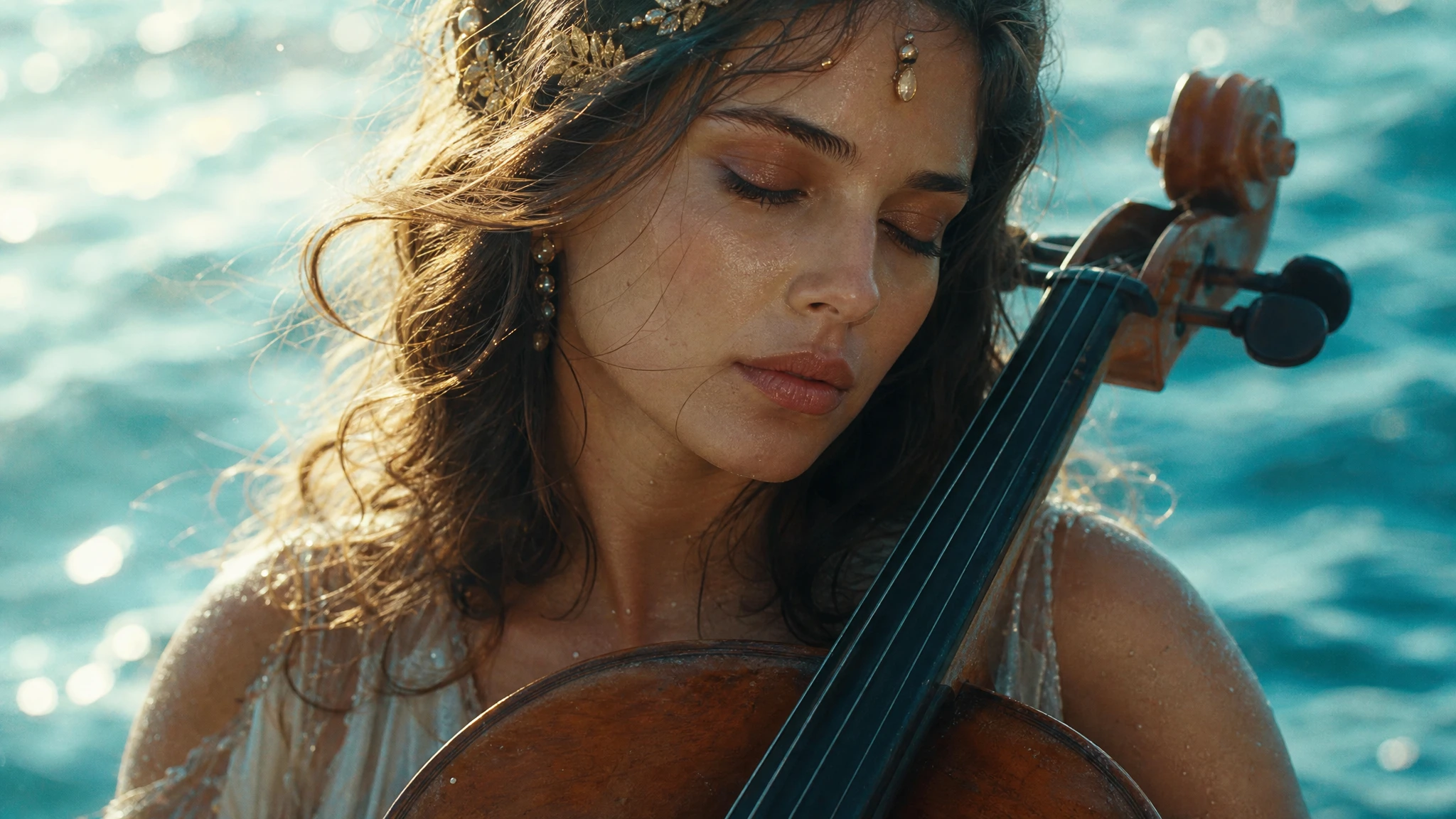 Diosa serena del mar en primer plano con violonchelo y suave neblina