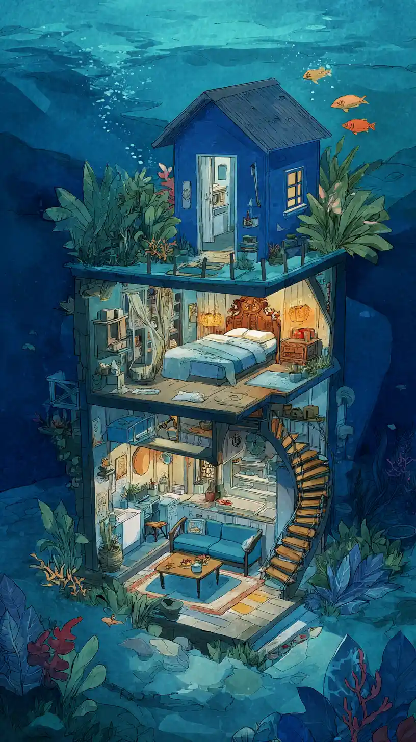 Underwater house cross section with cozy three floor interior