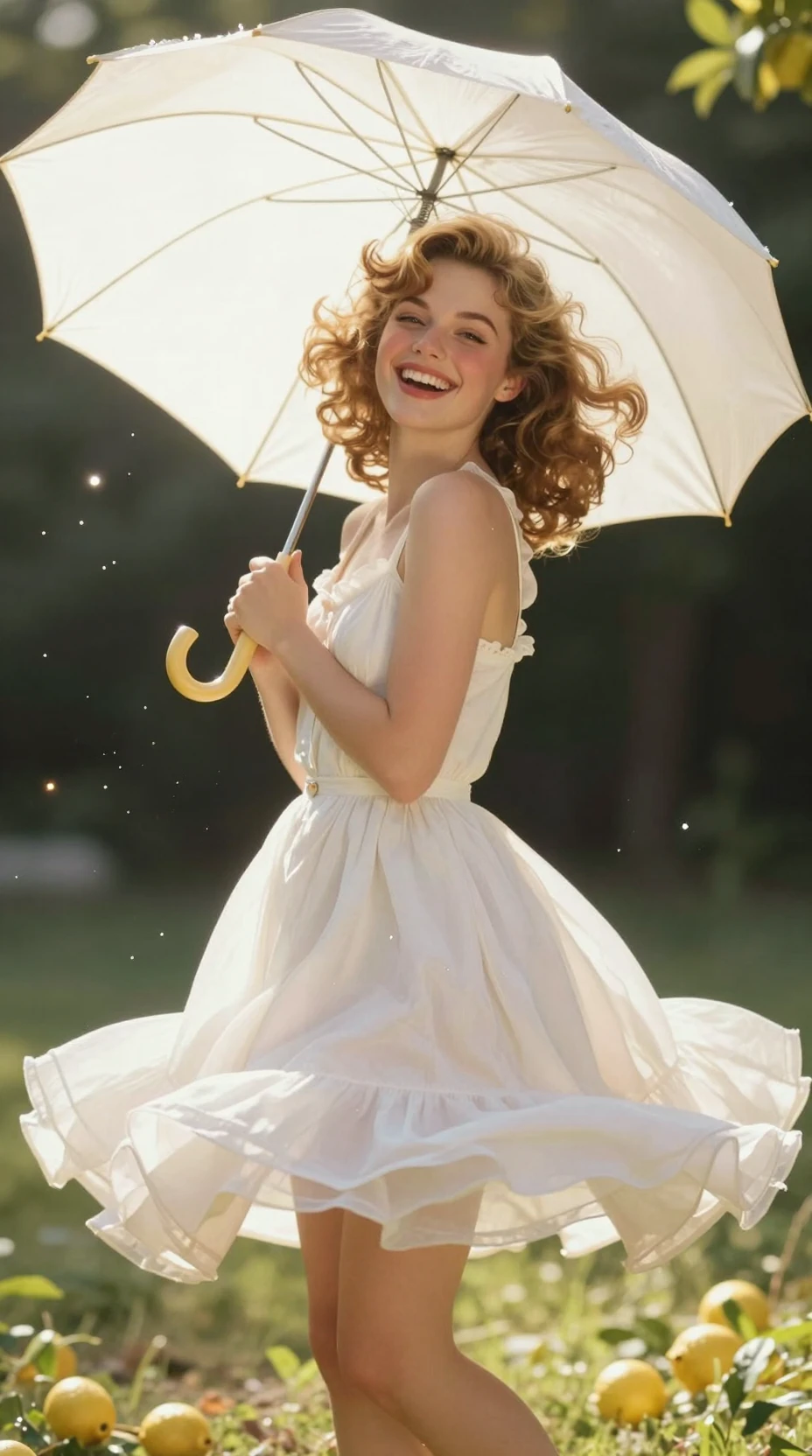 Smiling woman spinning in a light cotton dress outdoors