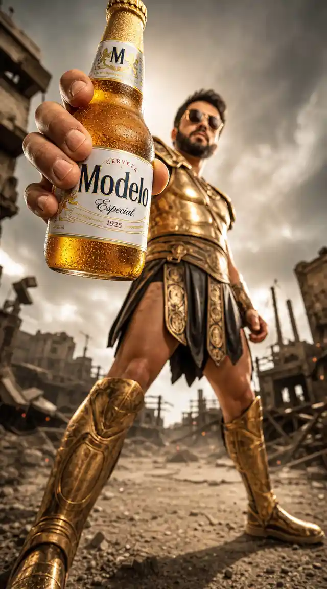 Warrior woman in golden armor presenting beer bottle
