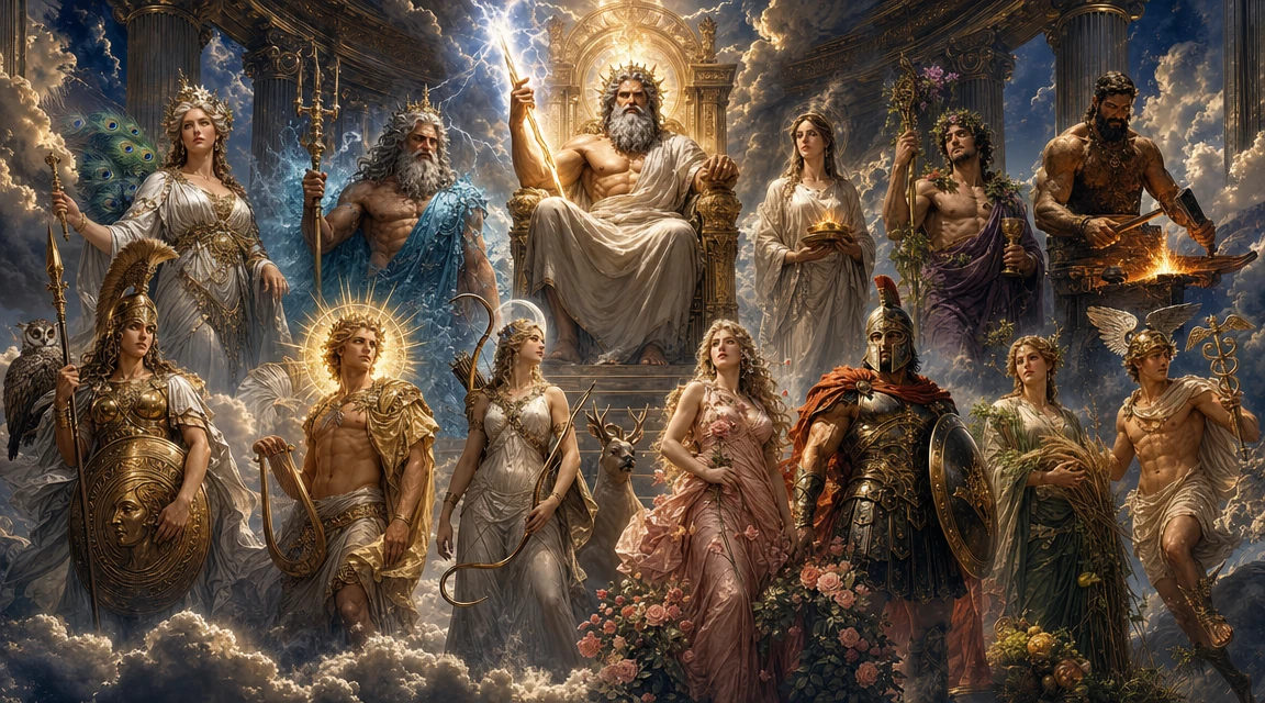 Zeus on his throne surrounded by the Olympian gods