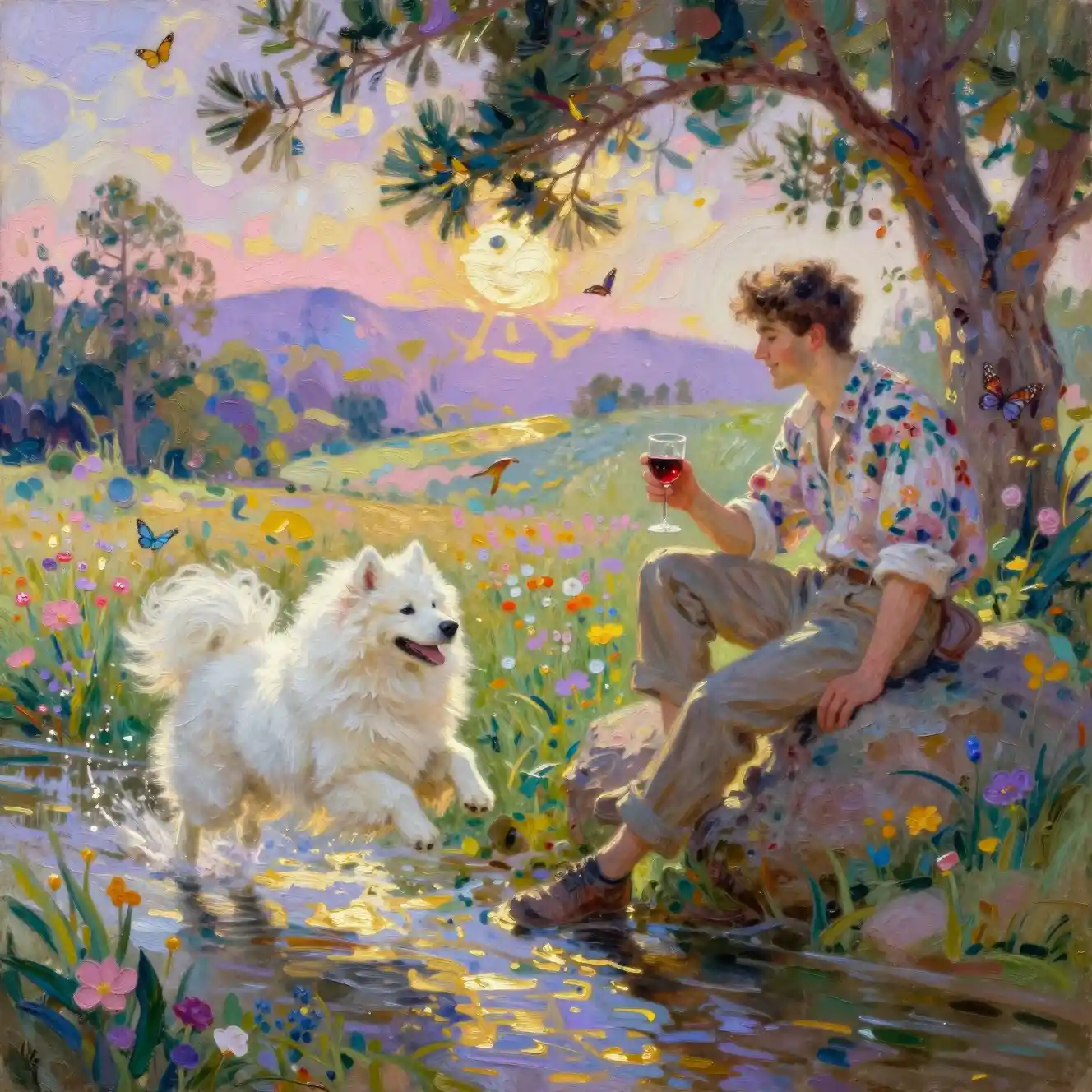 Young man watching a leaping dog in spring meadow
