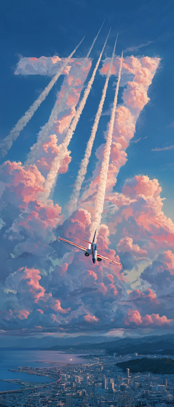 Anime pilot painting hopeful messages across the city sky