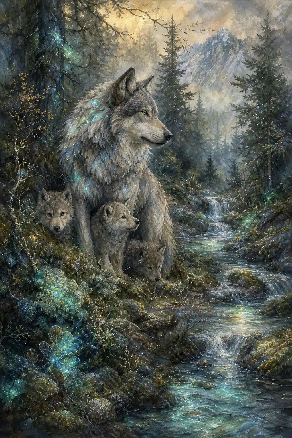 Wolf family mood board with glowing forest elements