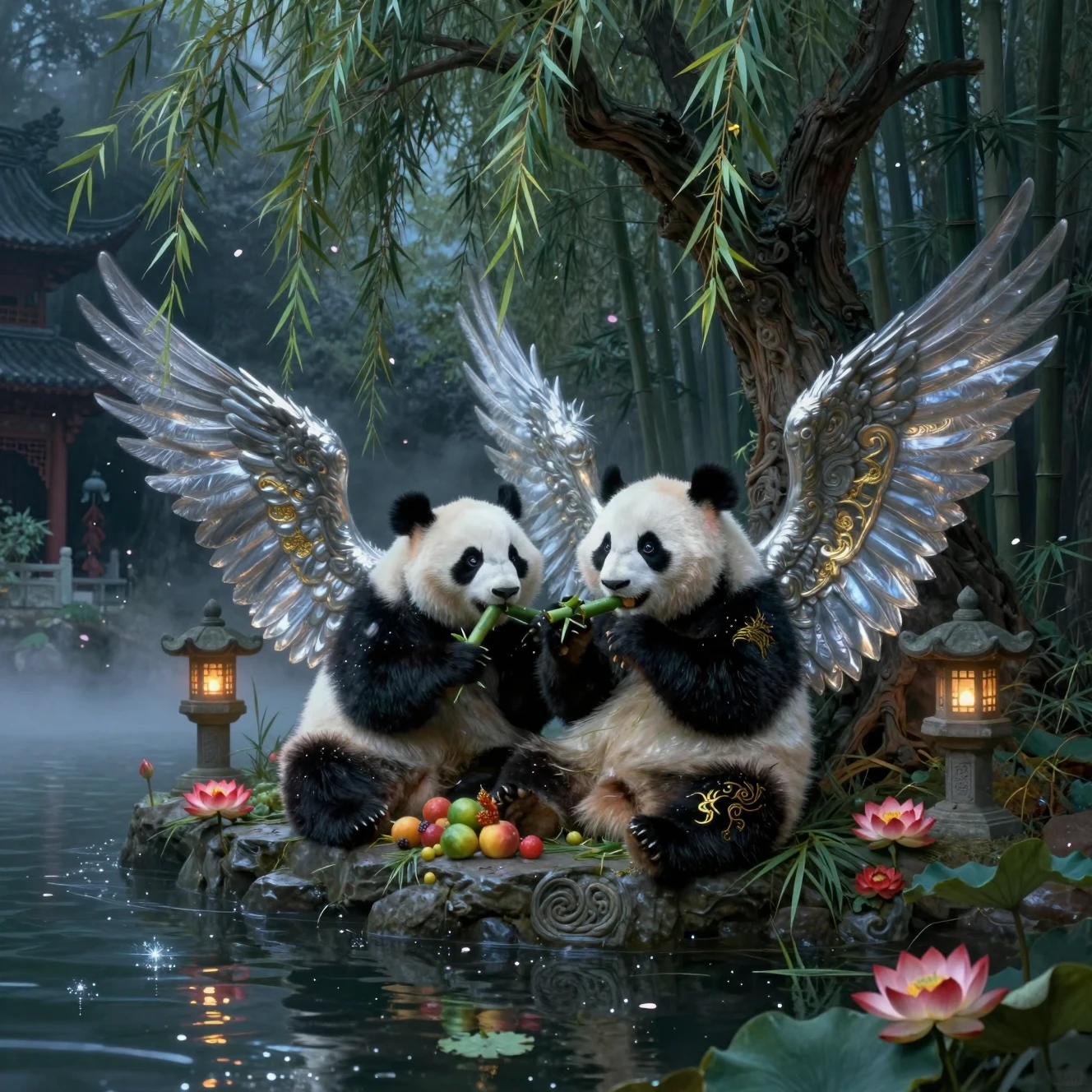 Winged fairy pandas by a moonlit lake under willow branches