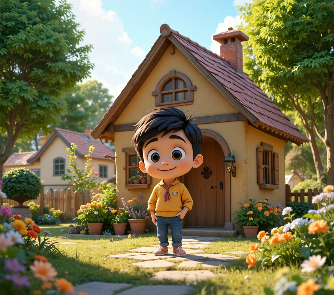 Smiling Village Boy Outside Colorful House At Sunrise