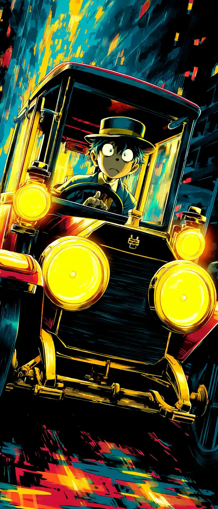 Stressed anime taxi driver arguing with a sentient cartoon cab
