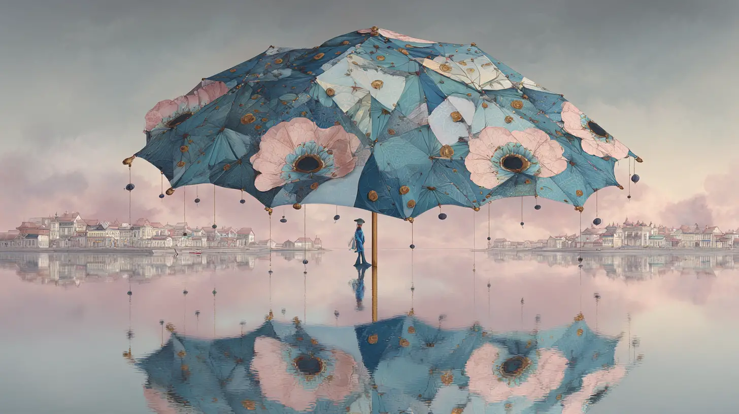 Surreal Floating Patchwork Umbrella Reflected Over Still Water