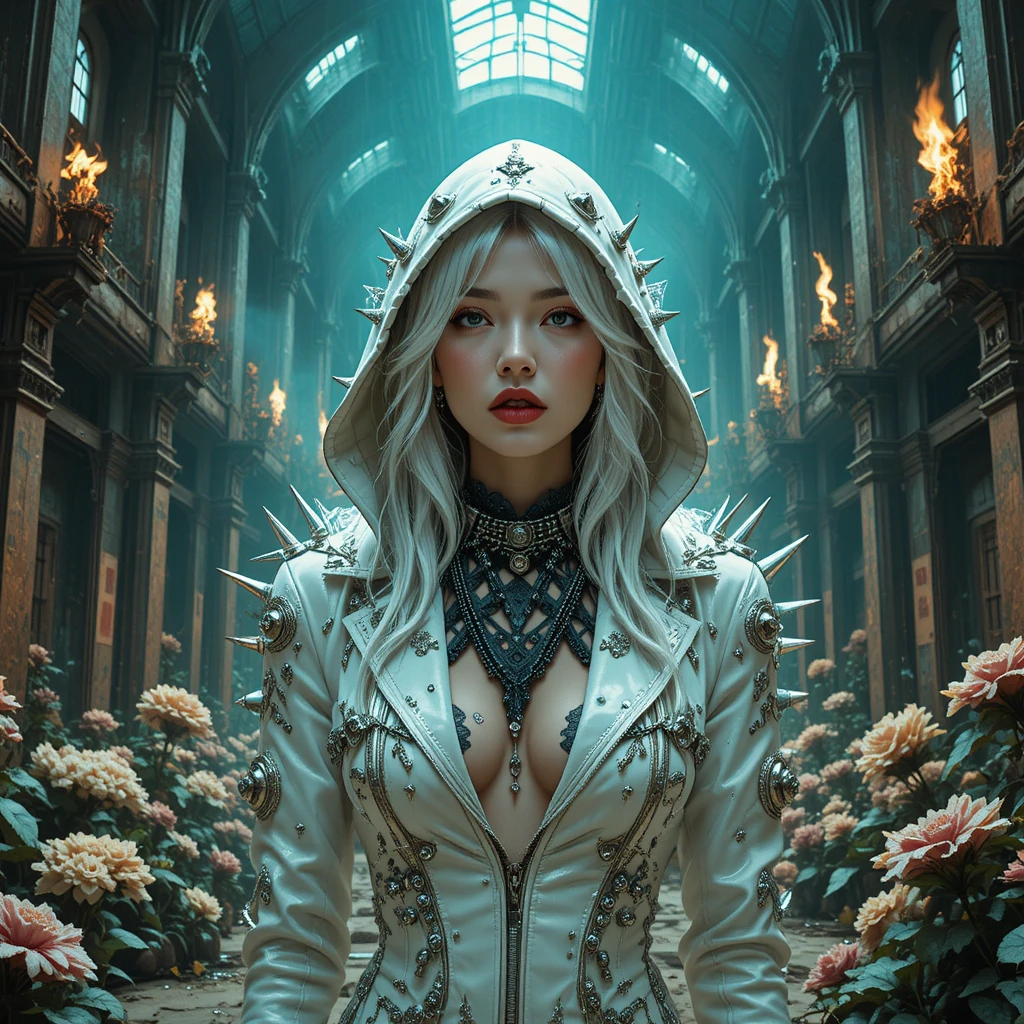 Metallic fashion woman in ruined industrial cathedral interior