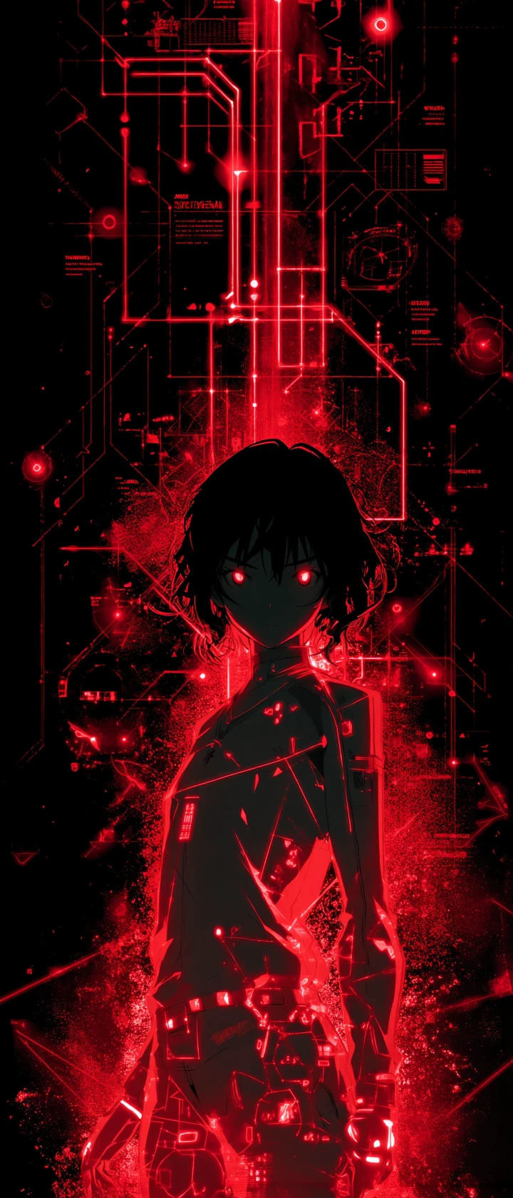 Anime detective in dark room with glowing red clues