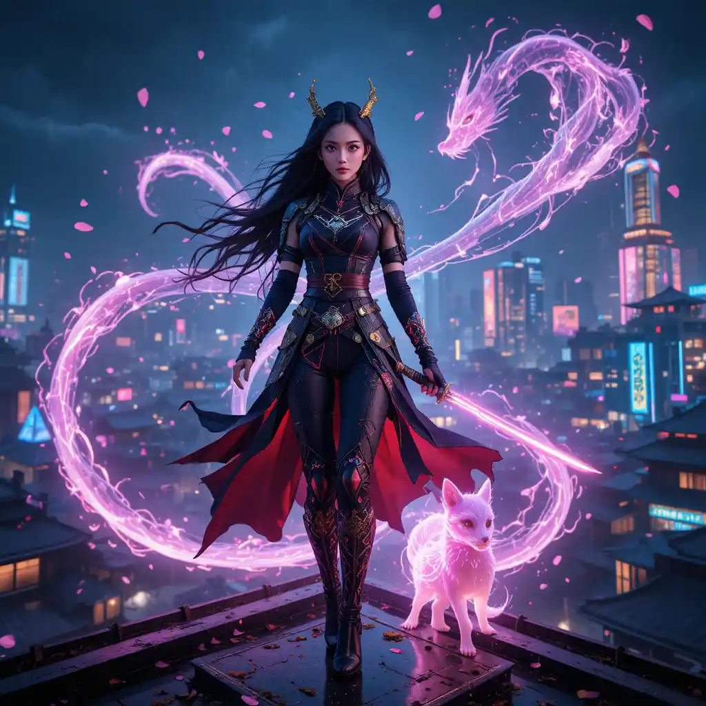 Cute masked ninja woman on cyberpunk city rooftop