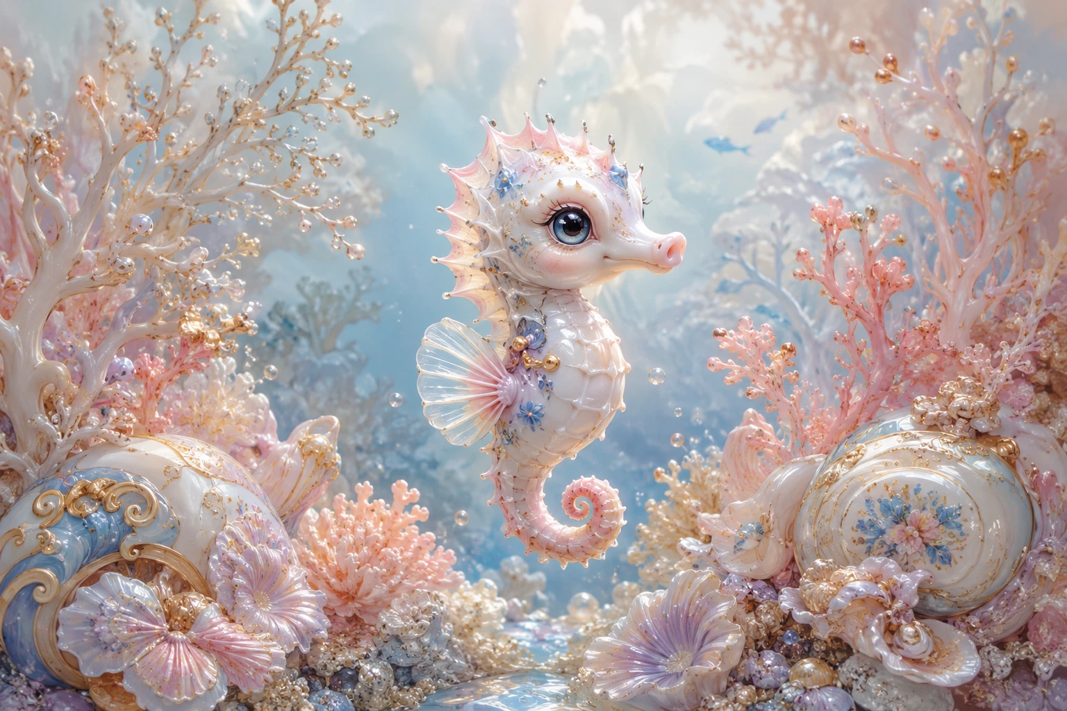 Cute baby seahorse illustration in glowing coral garden