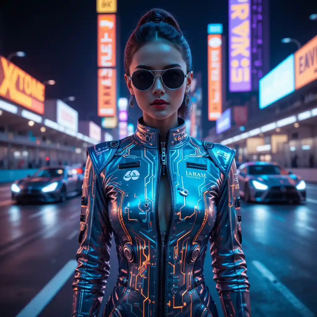 Futuristic racer posing beside neon lit cyberpunk car