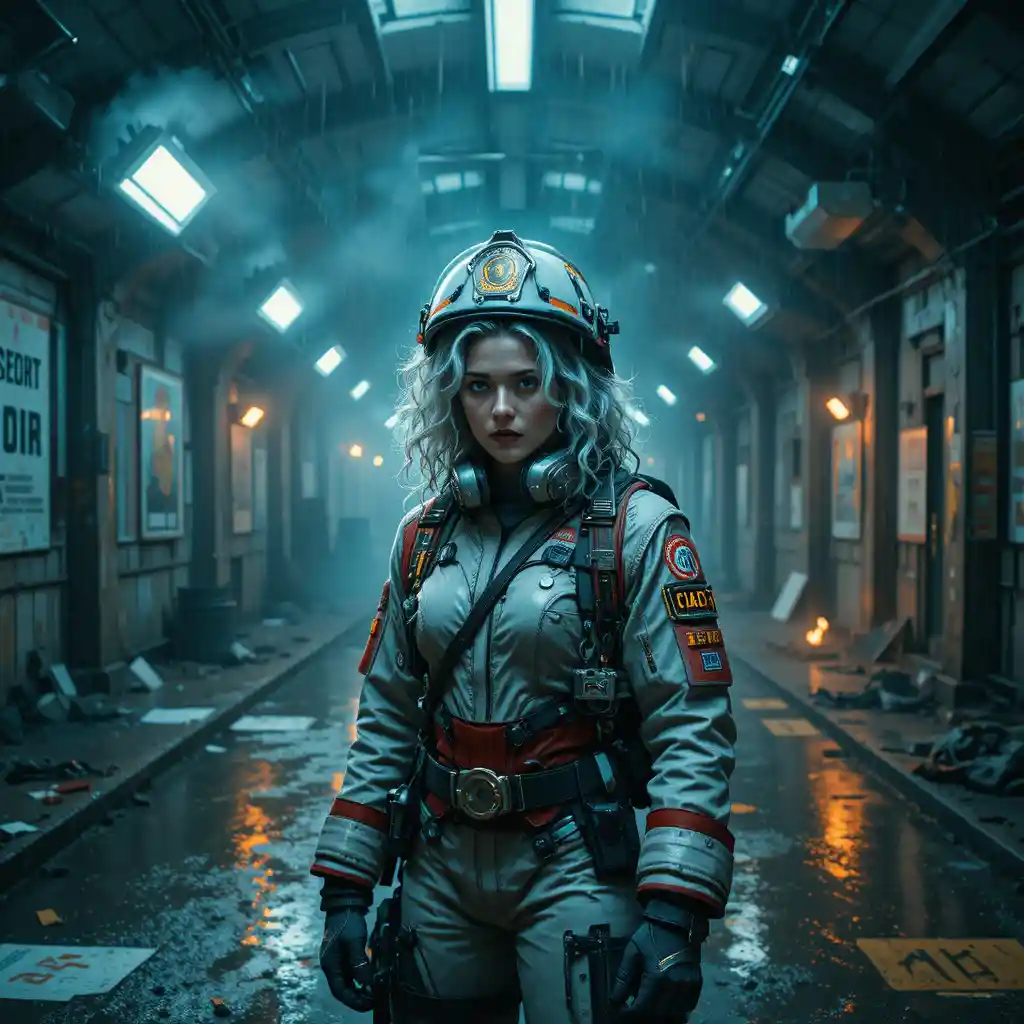 Firefighter woman in post apocalyptic underground transit shelter