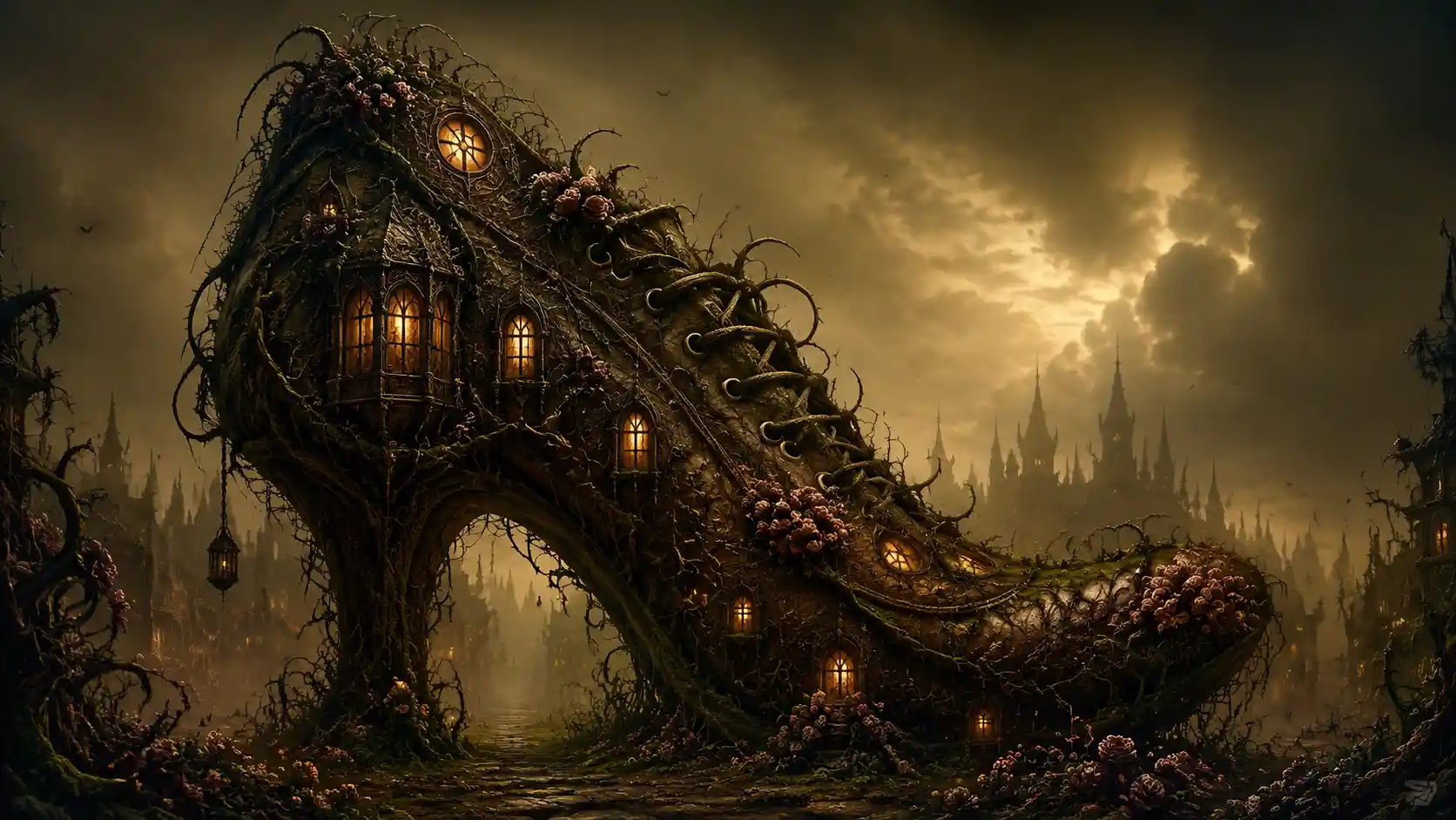 Surreal Shoe Shaped Tower Entwined With Vines And Flowers