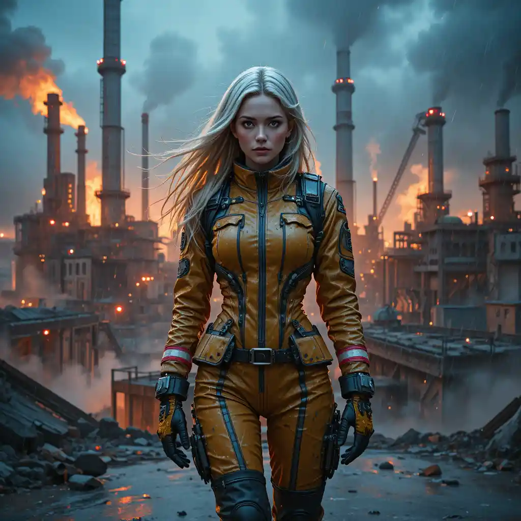 Firefighter heroine on ruins in a cinematic storm
