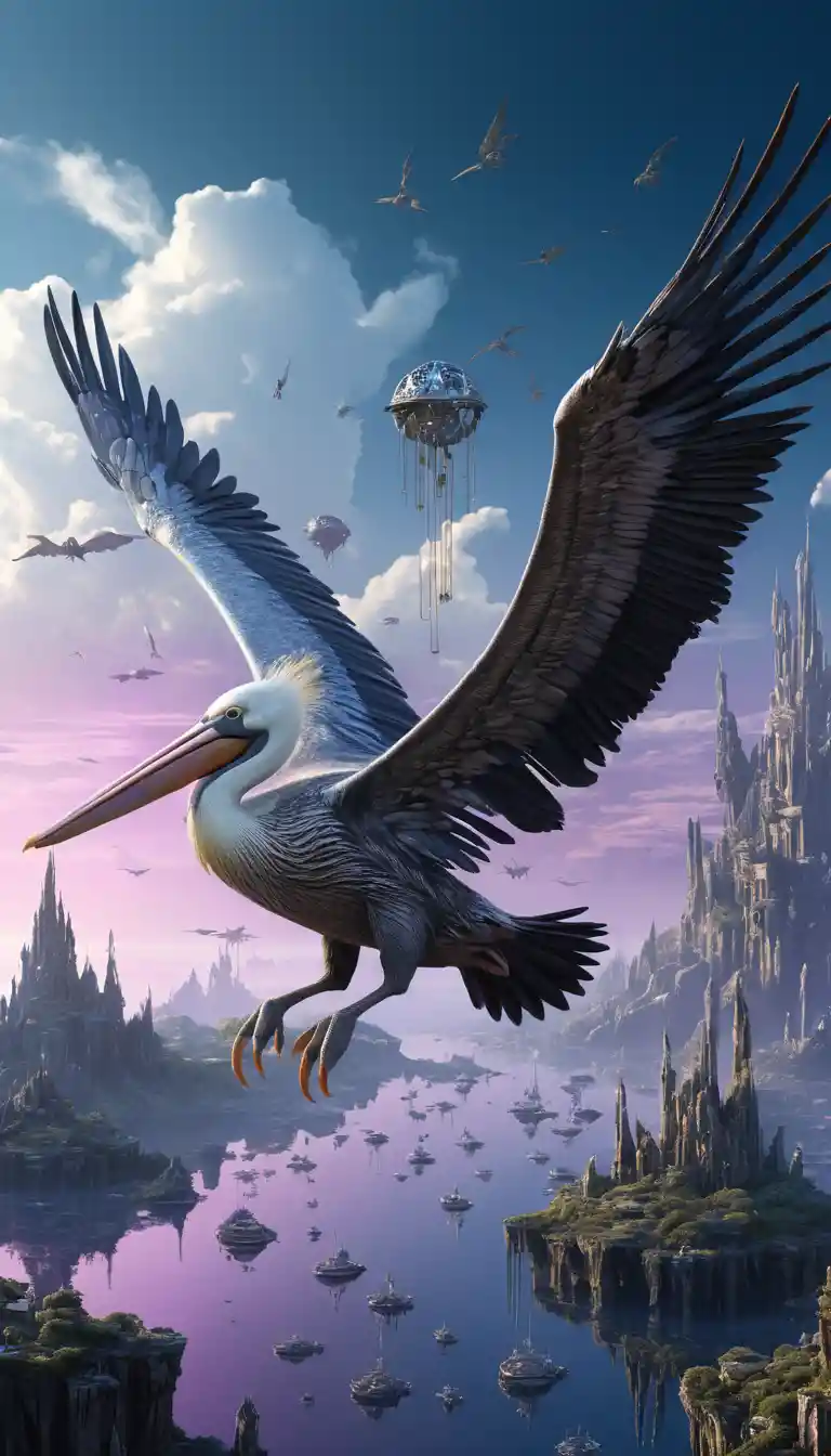 Mechanical winged pelican soaring among mystical floating islands