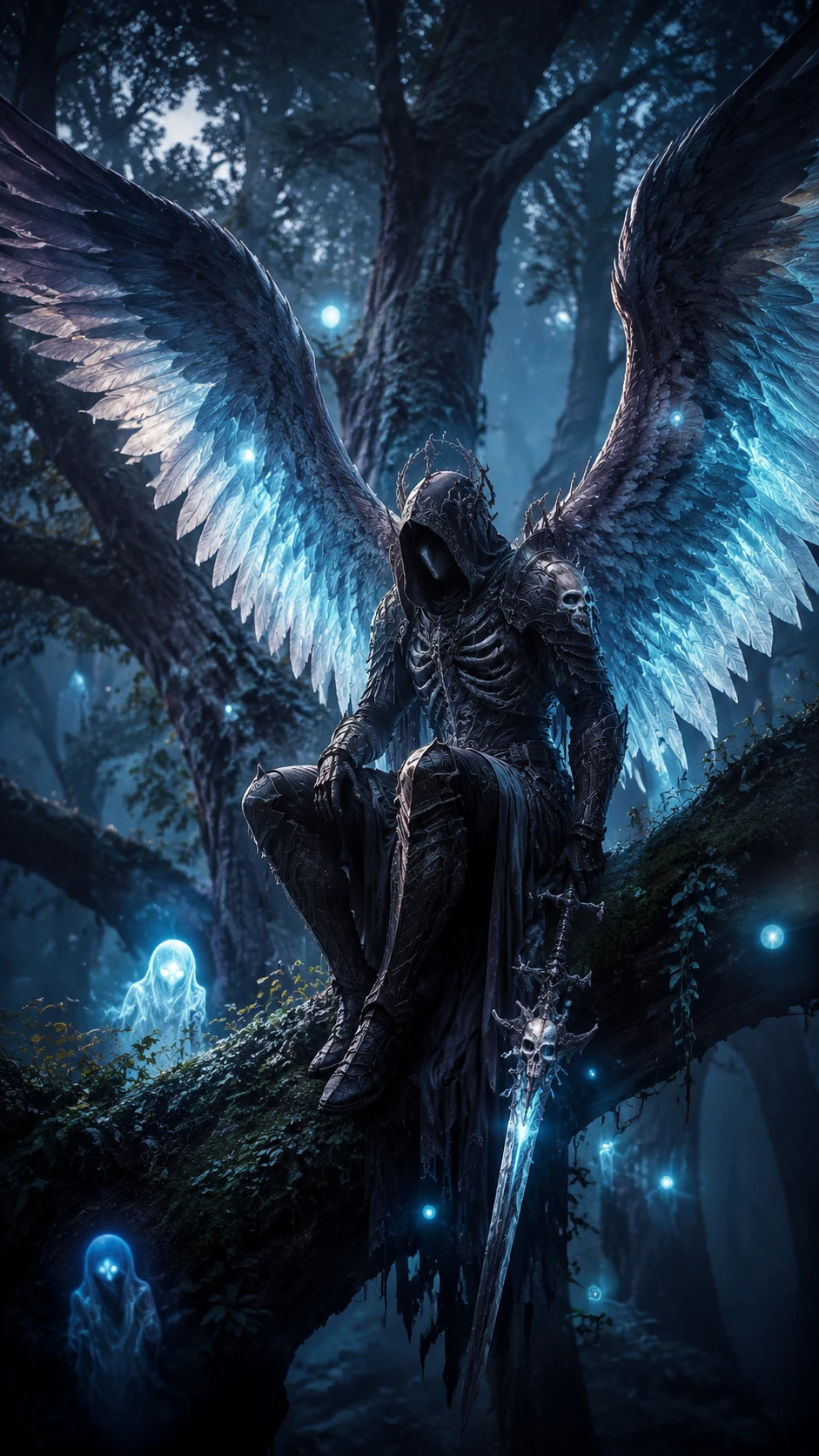 Angel guardian with wide wings in an ancient forest
