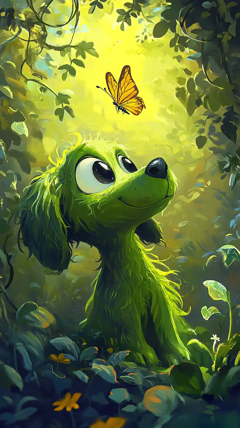 Green cartoon dog watching a butterfly in garden
