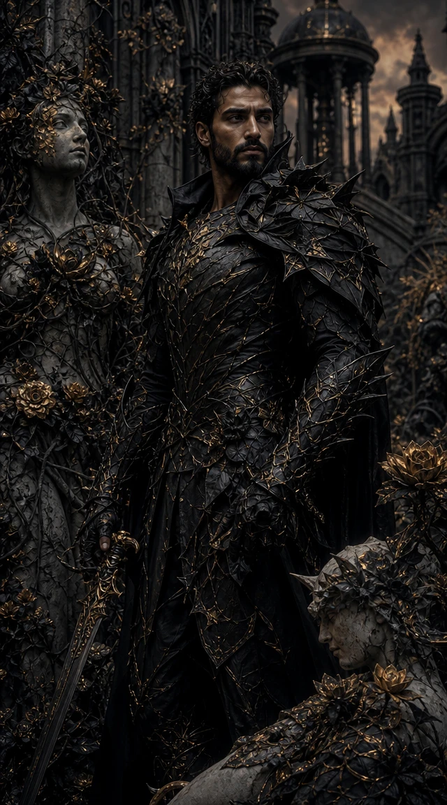 Armored guardian in a ruined gothic garden of living stone