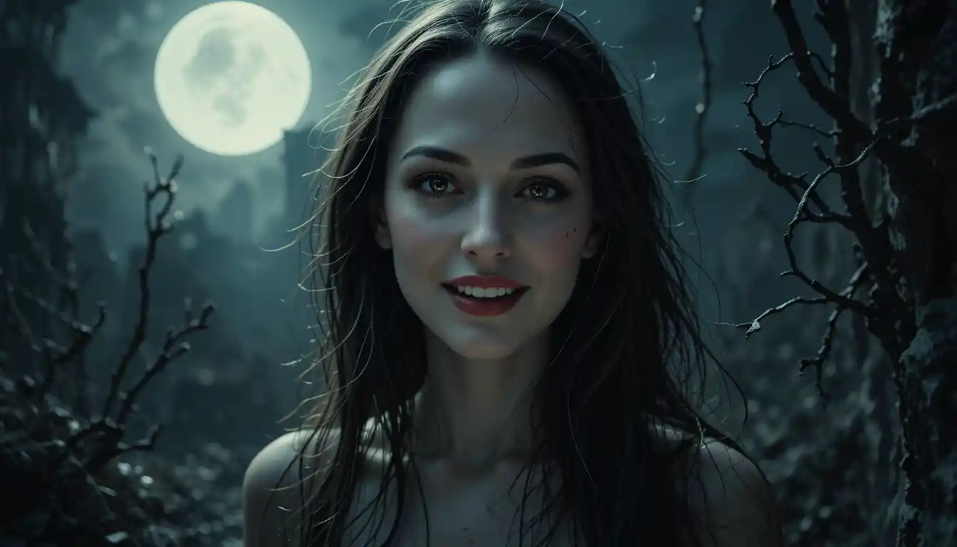 Pale vampire woman under a glowing full moon