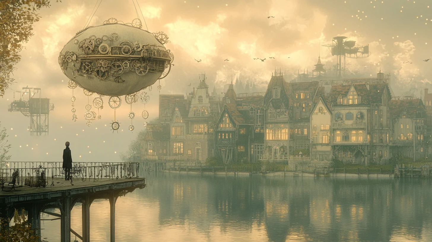 Lone figure on dock facing pastel steampunk town