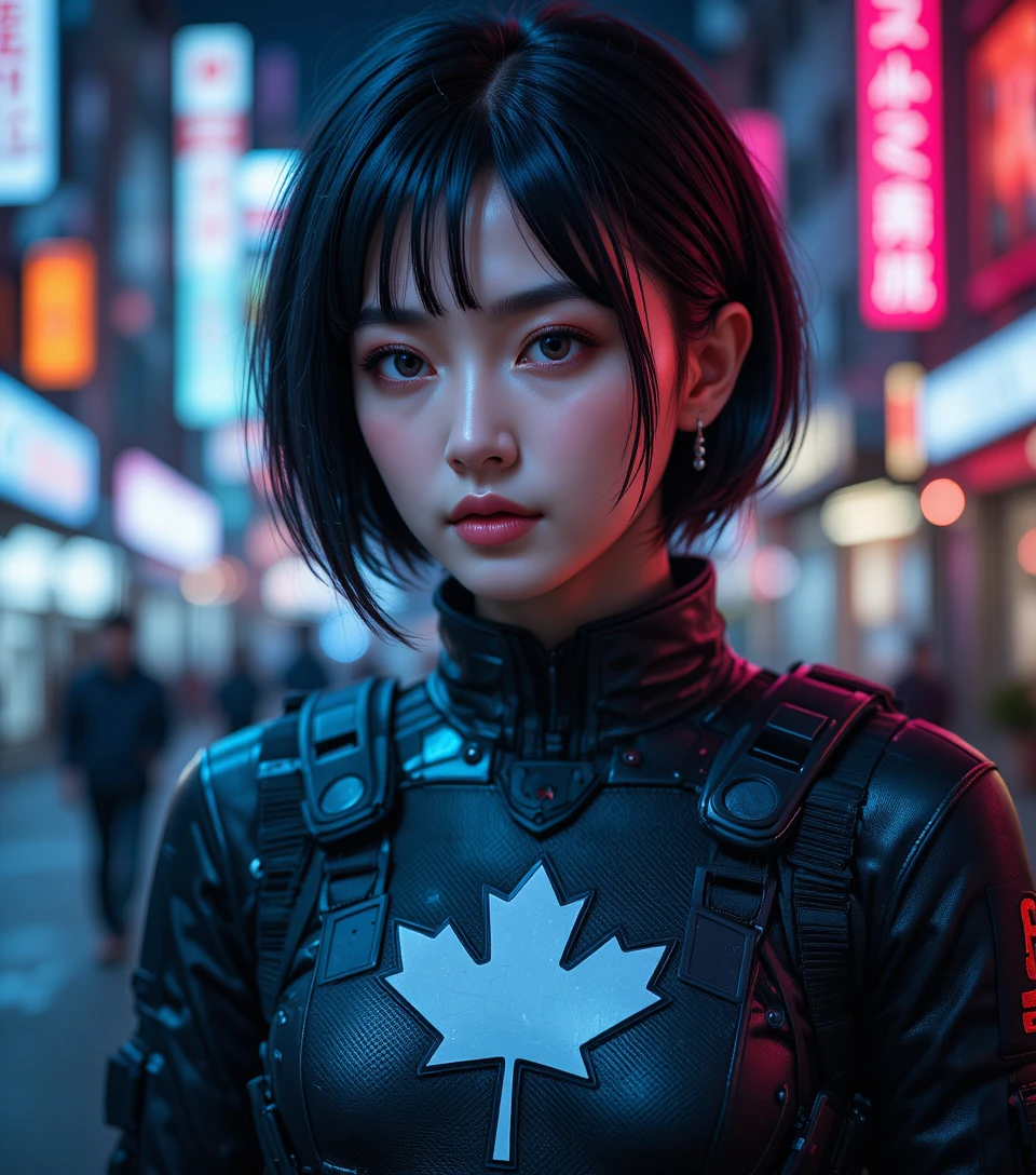 Japanese woman in tactical suit under neon cyberpunk city lights