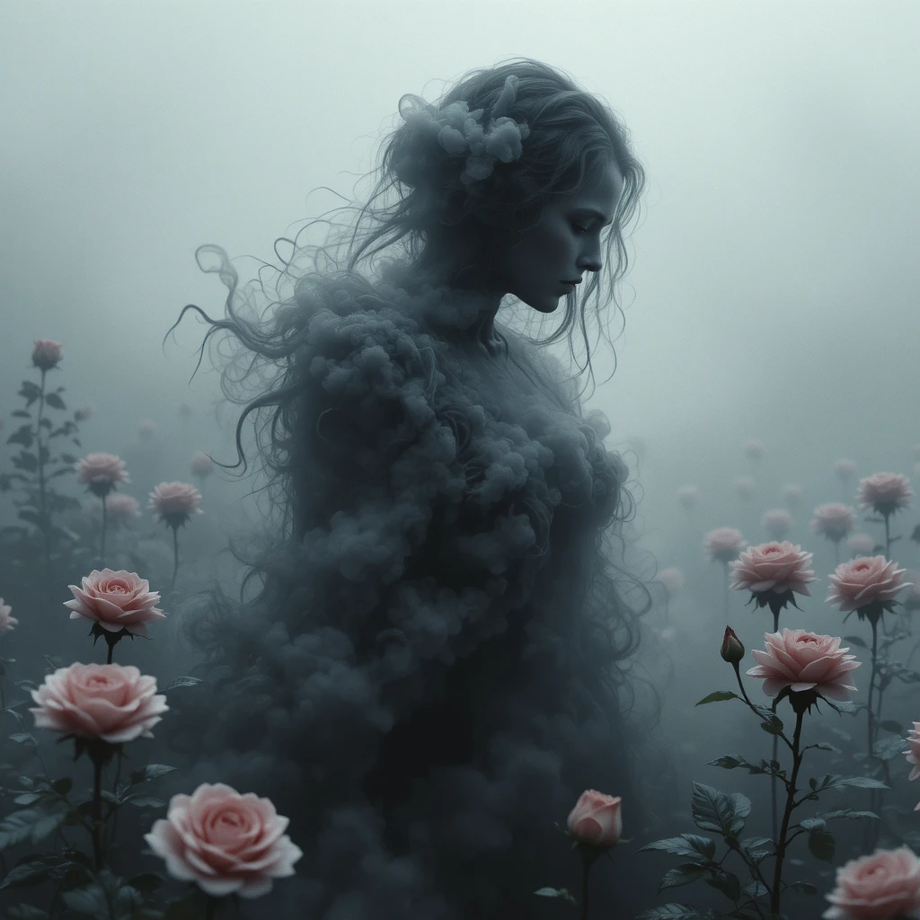 Ethereal woman emerging from mist in a ghostly rose garden