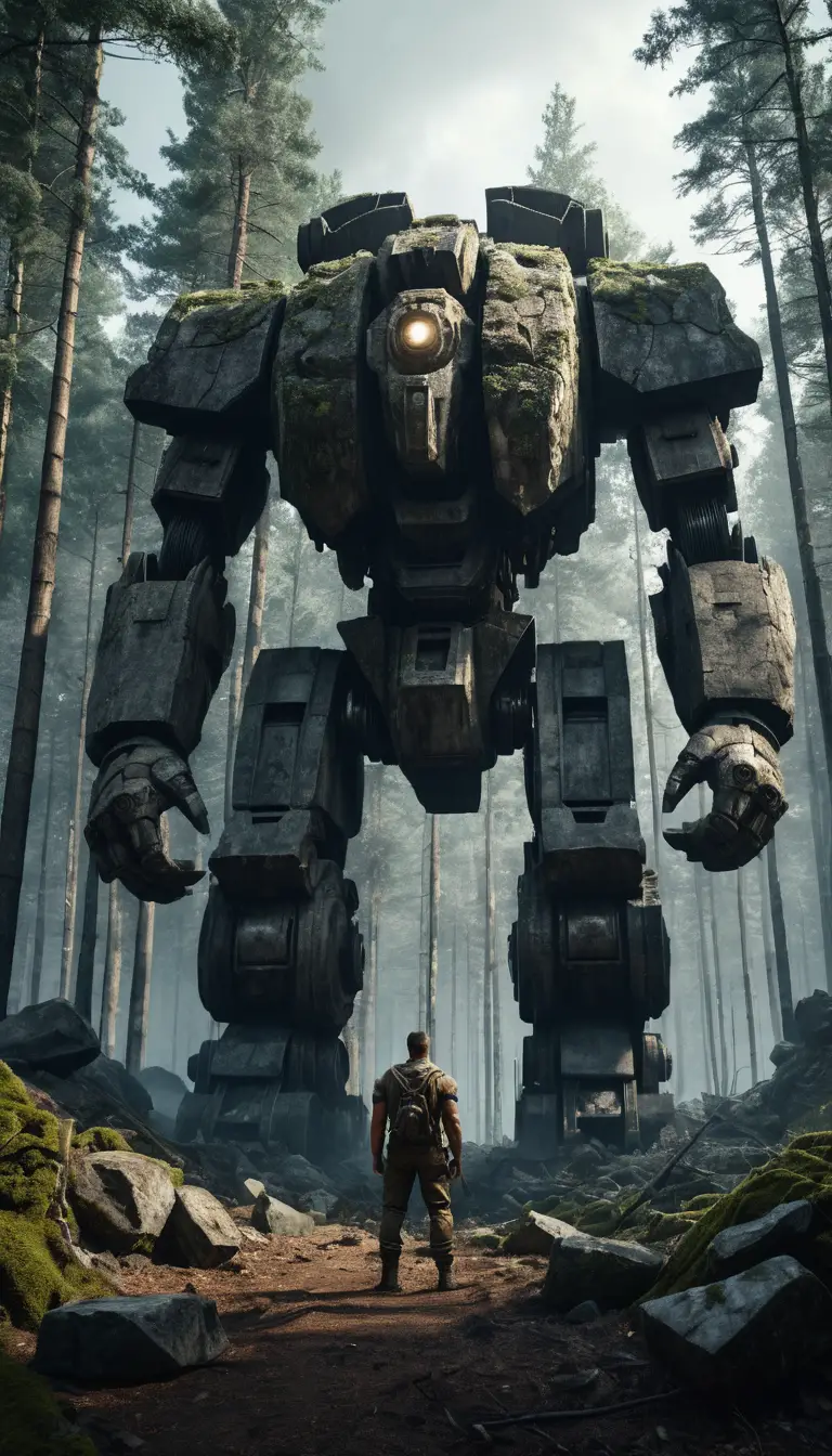 Gigantesco guardiano di pietra che affronta macchine nella foresta profonda