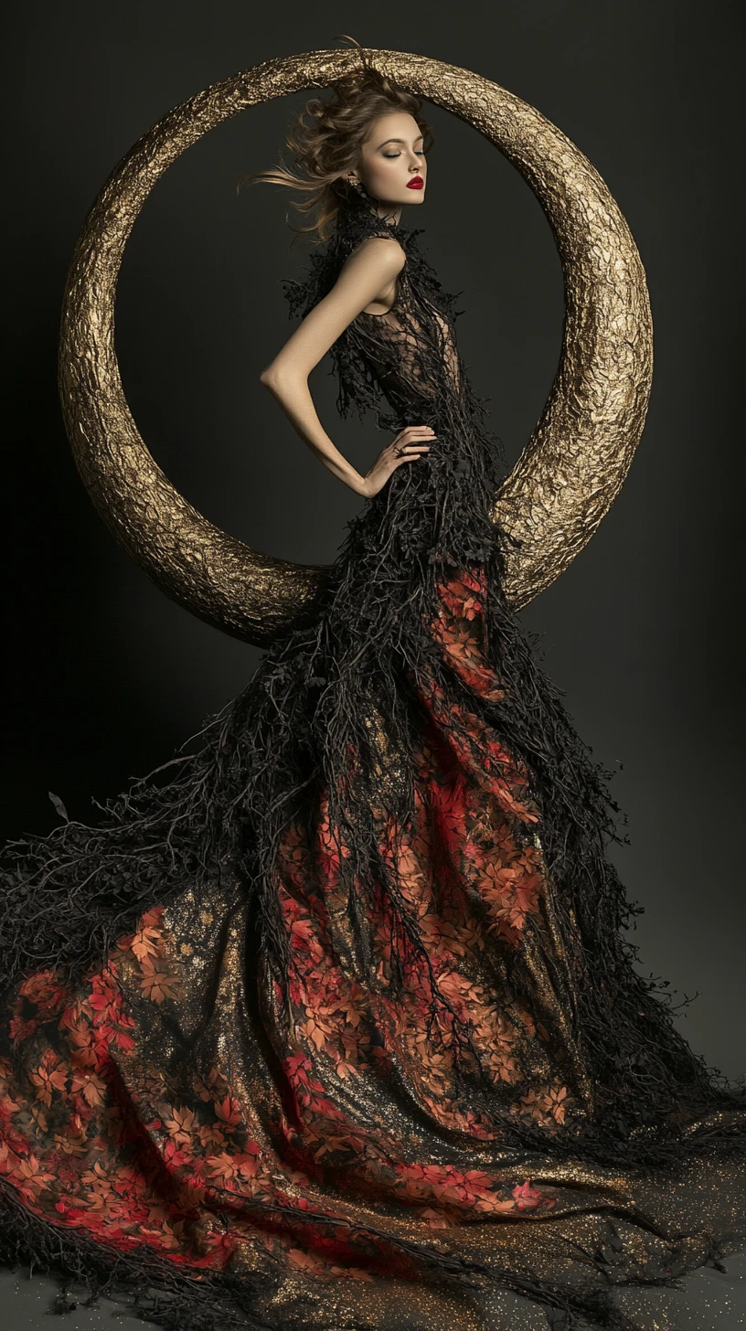 Couture model framed by crescent moon in dark fantasy scene