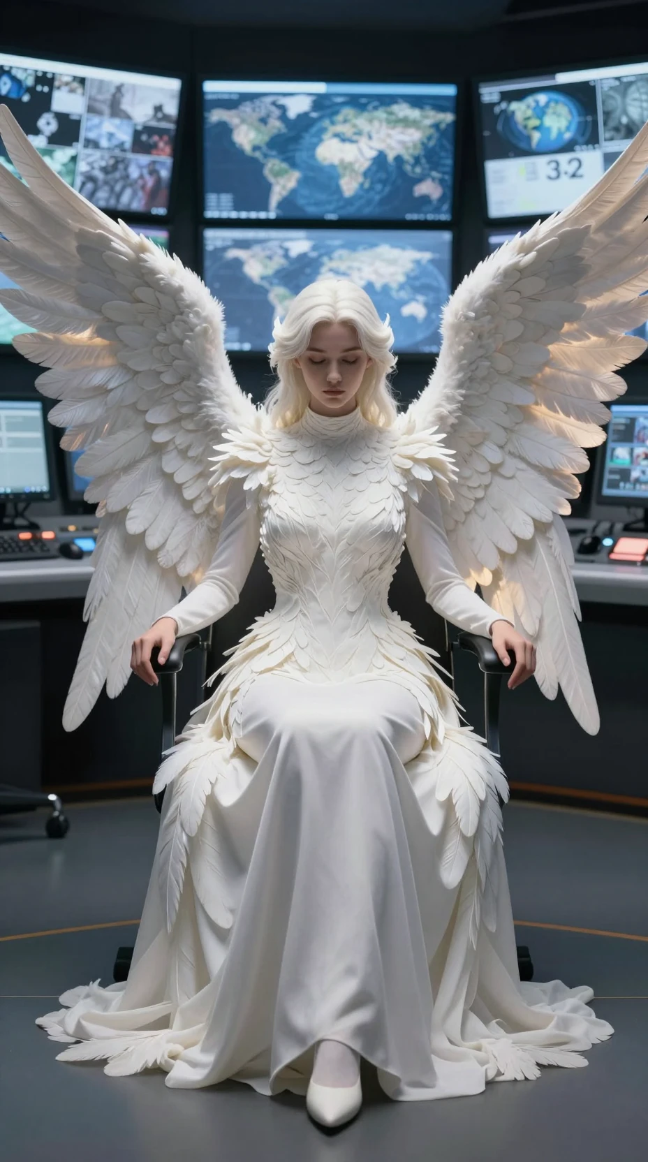 Ethereal angel woman in a glowing broadcast control room