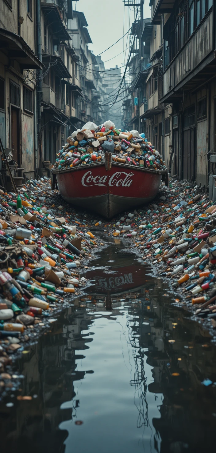 Trash filled riverbank with red boat in grim urban alley