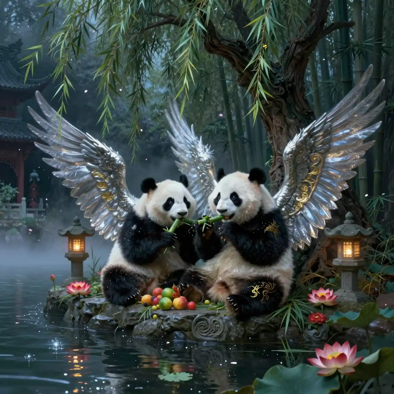 Winged fairy pandas by a moonlit lake under willow branches