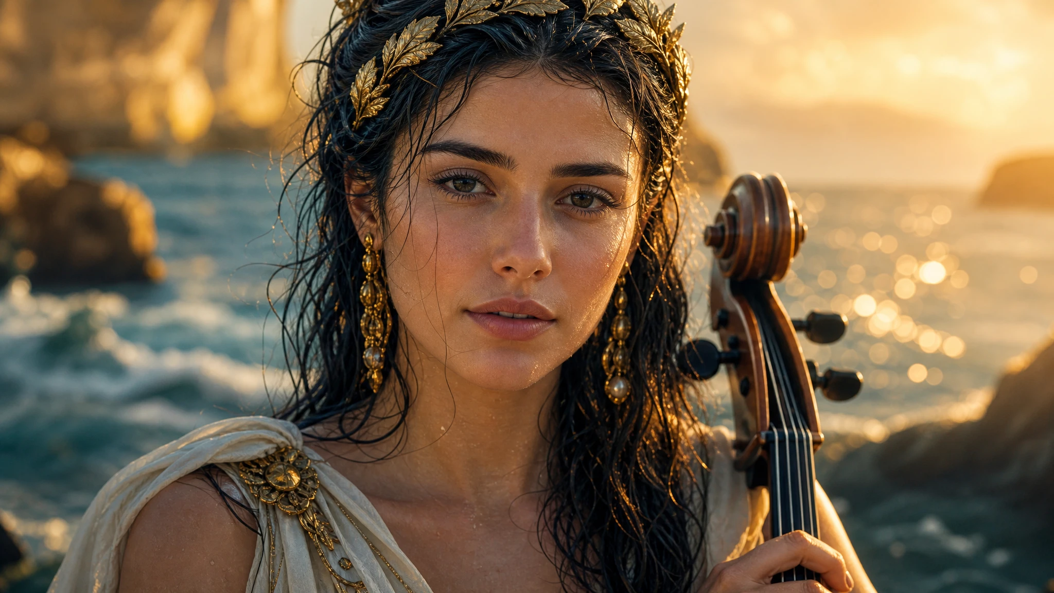 Serene sea goddess with cello at the glowing shoreline