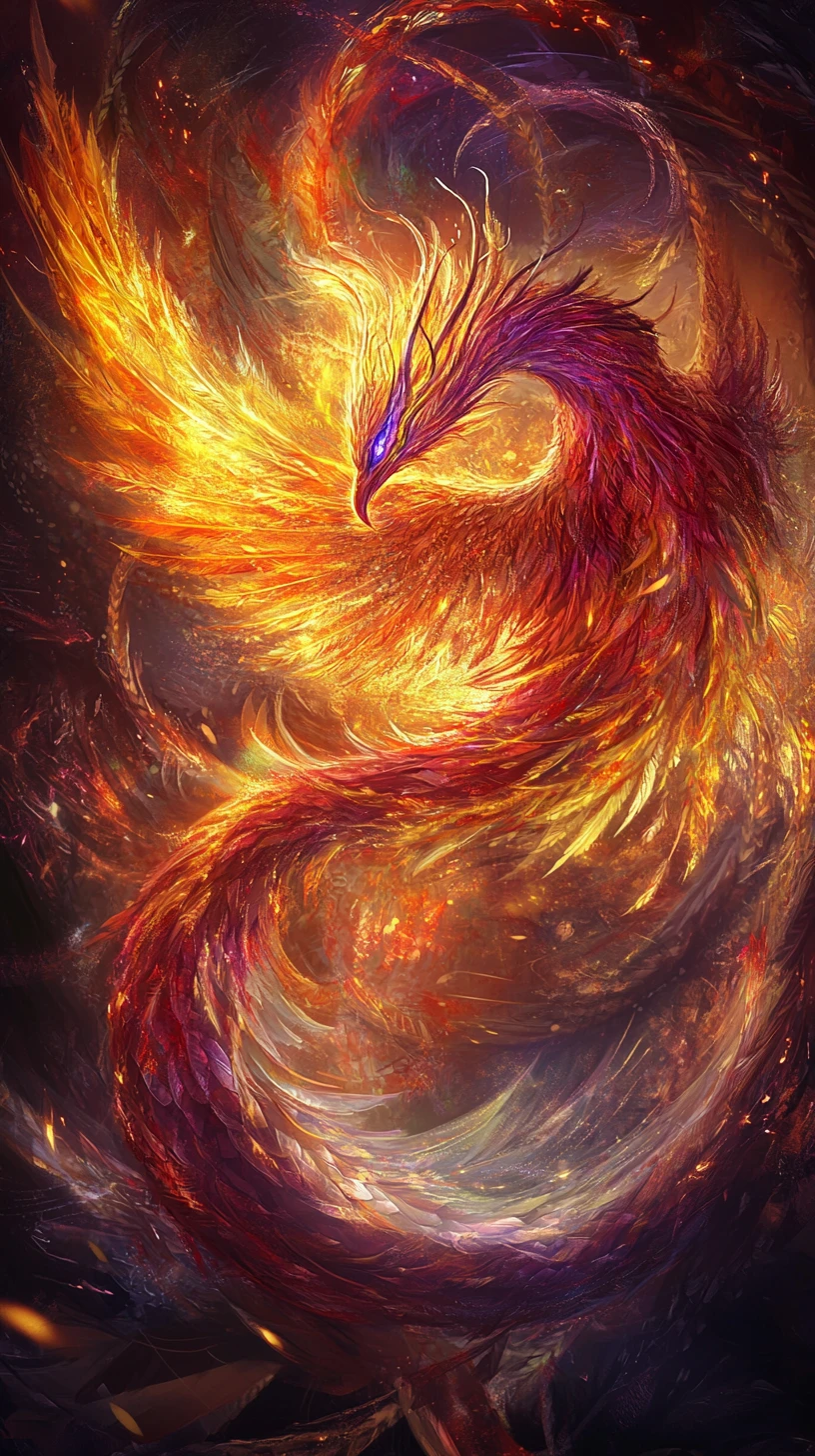 Hybrid phoenix serpent spiraling forward in fiery vortex