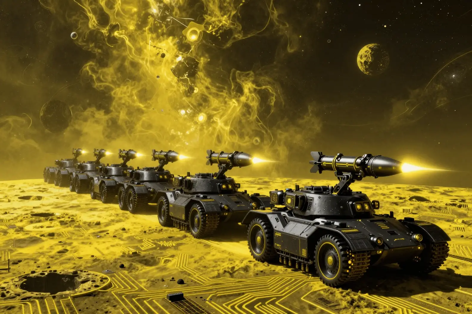 Futuristic black tanks firing rockets on a yellow alien moon