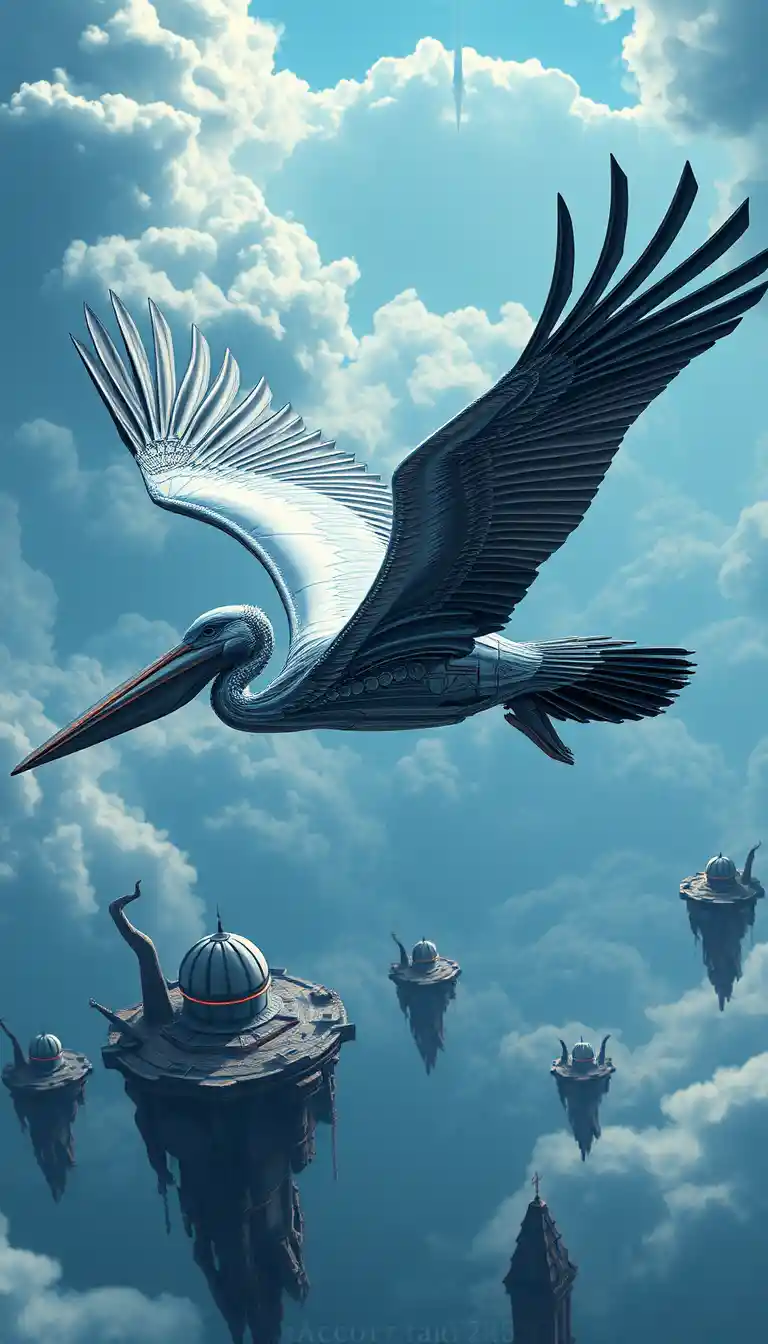 Mechanical winged pelican flying among mystical floating islands