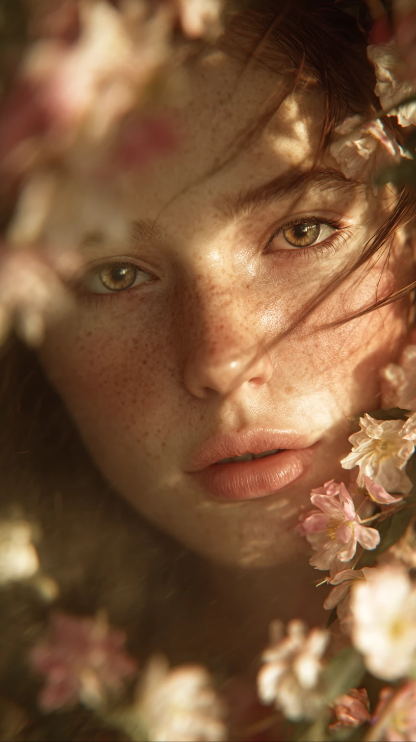 Woman among flowering branches in warm natural sunlight
