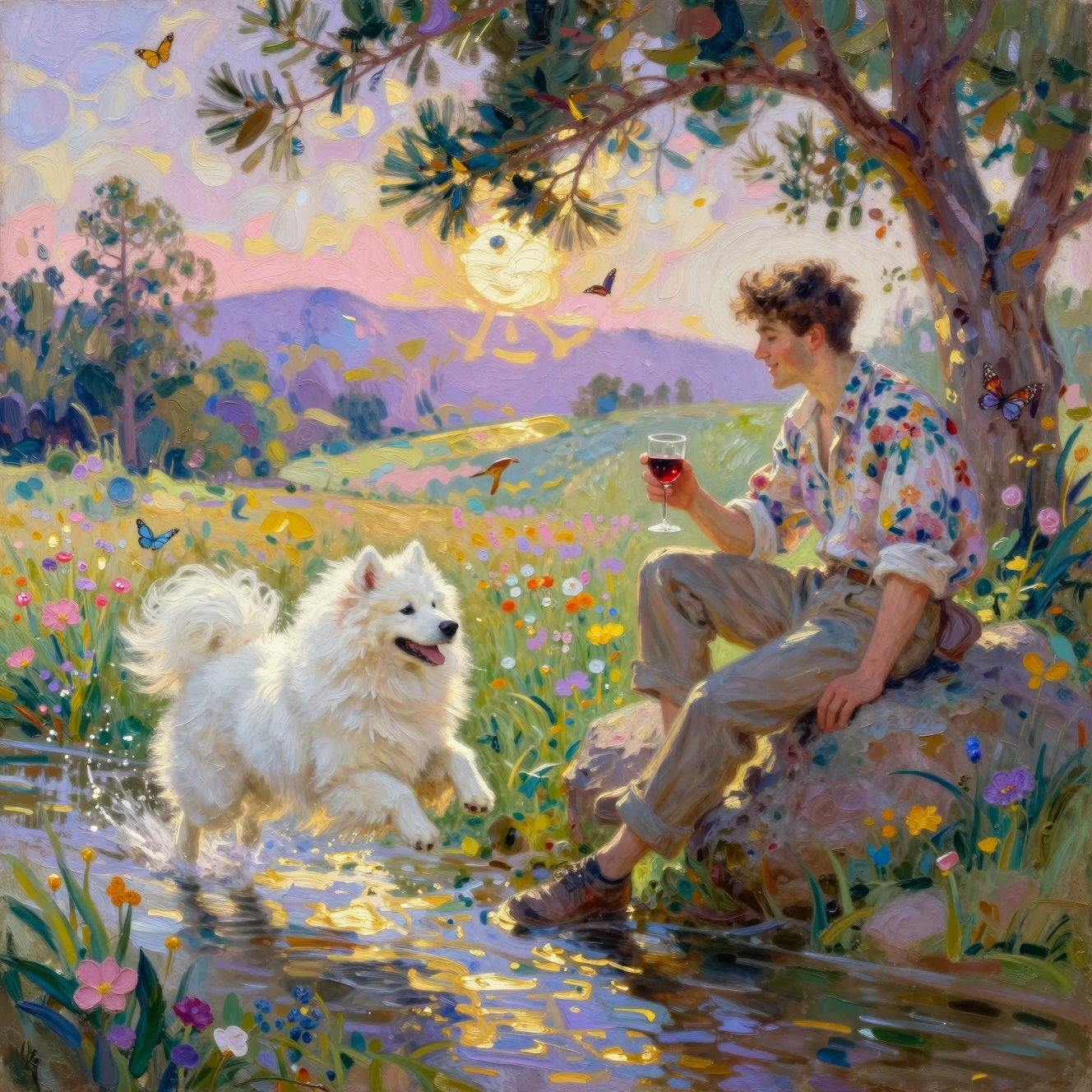 Young man watching a leaping dog in spring meadow