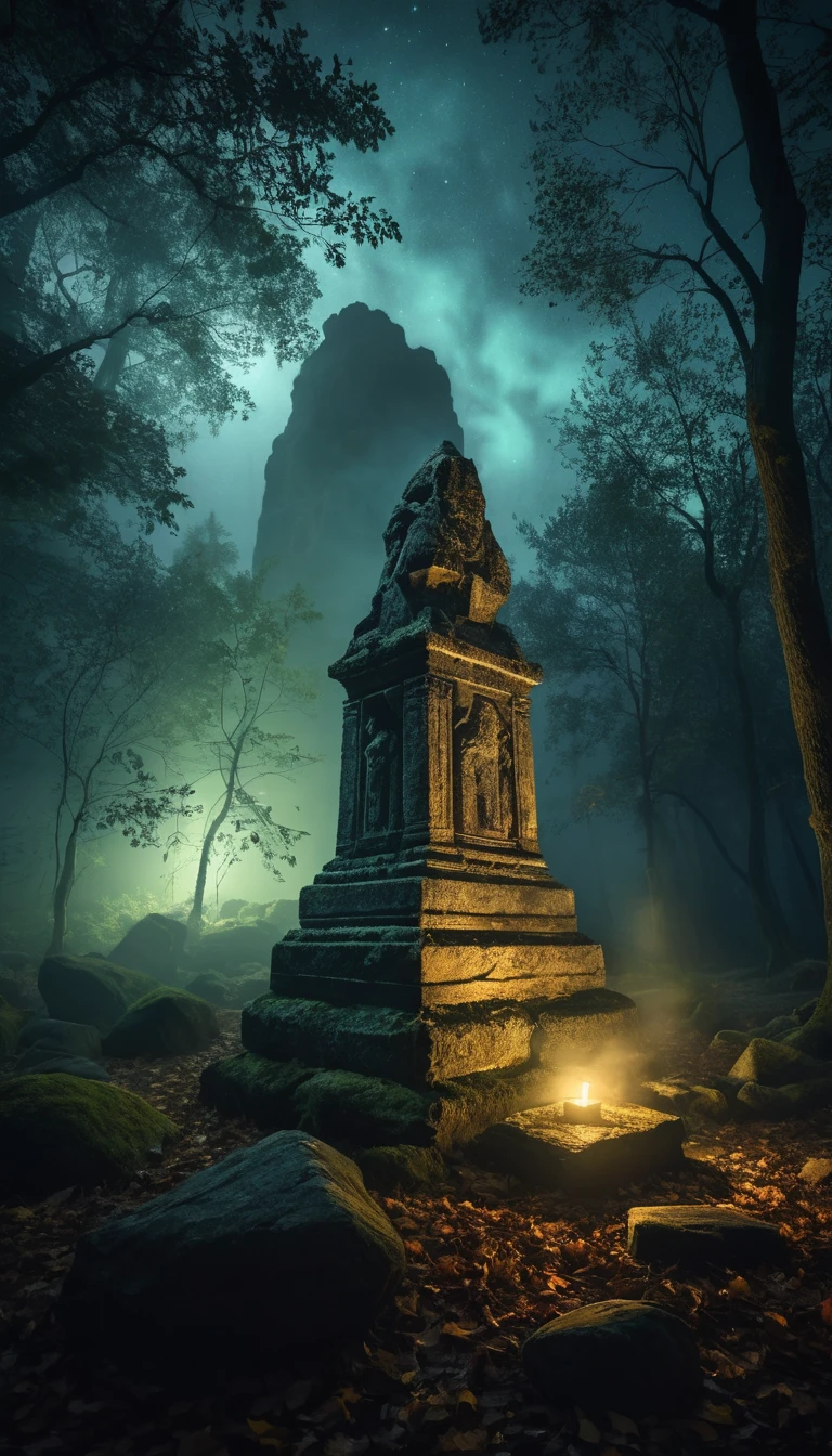 Floresta Noturna Misteriosa com Guardião de Pedra Ancestral