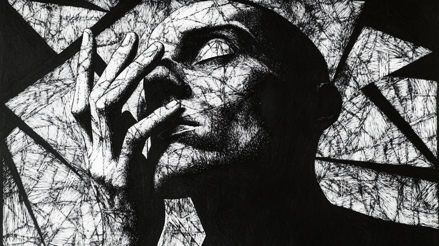 Gaunt male portrait in fragmented surreal ink composition